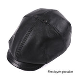 Men's Sheepskin Peaked Cap Beret Vintage Newsboy Painter Octagonal Leather Hat British