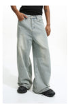 Men's Loose Washed-out Brushed White Light Blue Denim Coat Trousers