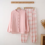 Color Woven Double Gauze Couple Cotton Pajamas Set Day Round Collar Long Sleeve Four Seasons Thin Men And Women Home