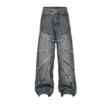 Zipper Pleated Deconstructed Stitching Edging Jeans Straight-leg Trousers