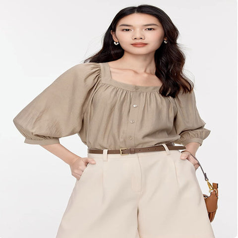 Loose All-match Square Collar Retro Pleating Shirt For Women