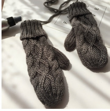 Korean Twist Double Thickening Fashion Hanging Neck Woolen Gloves Mittens Knitted Gloves Women Winter Korean Cute