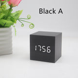 Minimalist Cube shaped sound-sensitive wooden digital clock with temperature display