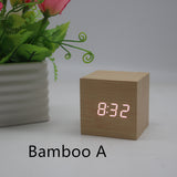 Minimalist Cube shaped sound-sensitive wooden digital clock with temperature display