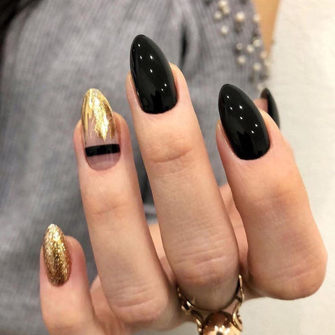 Black Gold Glitter Pointed Wear Nail Art Finished Fake Nails