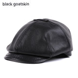 Men's Sheepskin Peaked Cap Beret Vintage Newsboy Painter Octagonal Leather Hat British