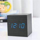 Minimalist Cube shaped sound-sensitive wooden digital clock with temperature display