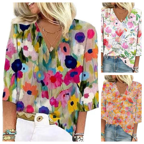 Women's European And American All-matching Printed Casual V-neck Shirt