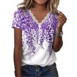 Women's Casual Loose Printed V-neck Ruffled Short Sleeves T-shirt