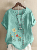 Cotton And Linen Printed Elegant Short Sleeve T-shirt Top Women