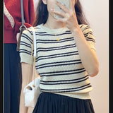 Short Sleeve Classic Style Striped Sweater Thin Design