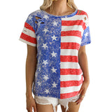 Women's Independence Day Printed Loose Round Neck Ripped Hollow Short Sleeve