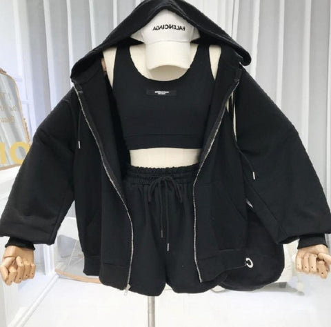 Short Vest Hooded Jacket Shorts Casual Three-piece Set