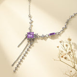 Super Fairy Temperament Purple Square Crystal Necklace For Women, Sweet And Cool Long Style, Tassel Niche, High-end Design, Collarbone Chain