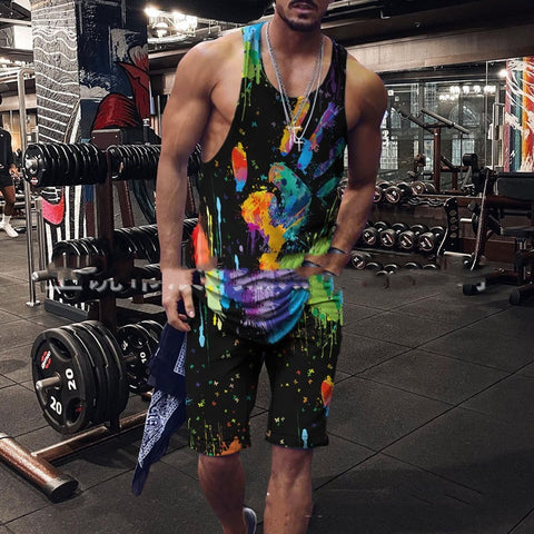 Men's Clothing Series Fashion Camisole Colorful Hip Hop Print Sleeveless Top Shorts Suit