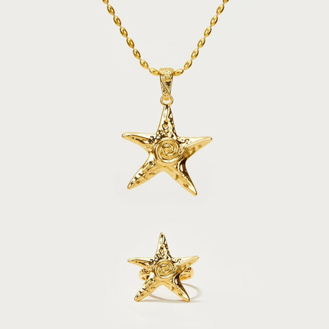 Brass Plated 18K Gold Color Retaining Starfish Necklace Ring Earrings