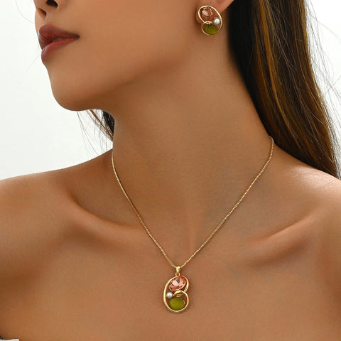 Earrings And Necklace Set Inlaid Gem Long