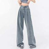 Fashionable Pleated Design Loose All-matching Straight Wide Leg Jeans For Women