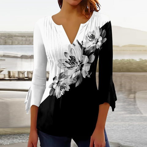 Floral Printed V-neck Flared Top