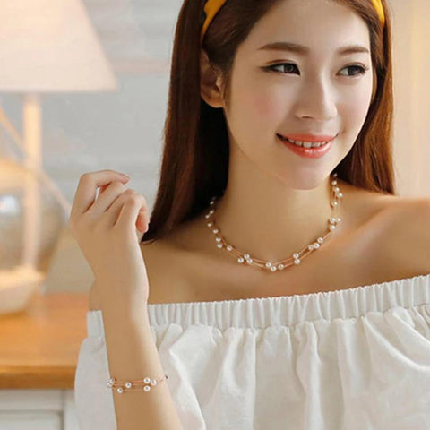 Korean Fashion Sweet Elegant Pearl Multi-layer Earring Bracelet Three-piece Suit