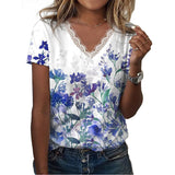 Women's Casual Loose Printed V-neck Ruffled Short Sleeves T-shirt