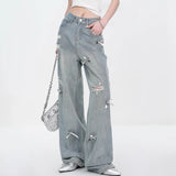 Women's Bow Wide Leg Retro Ripped Straight Jeans