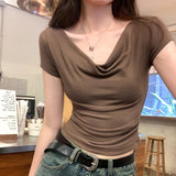 Pure Desire Swing Collar Short-sleeved T-shirt Design Blouse