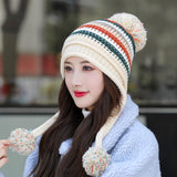 Two Layers Earflap Hat Fleece Lined Colorful Big Ball Skullies Beanies