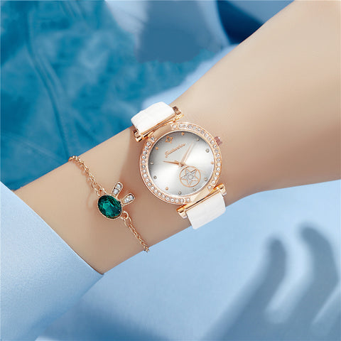 Simple Glossy Rhinestone Ladies Leather Strap Quartz Watch