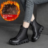 Cotton Boots Soft Full Grain Leather Retro Platform Motorcycle Boots Muffin Heel