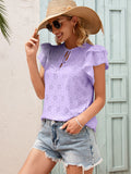 Women's Crocheted Flower Hollow Out Tied Round Neck Ruffle Sleeve T-shirt