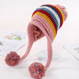 Two Layers Earflap Hat Fleece Lined Colorful Big Ball Skullies Beanies