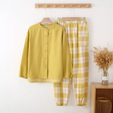 Color Woven Double Gauze Couple Cotton Pajamas Set Day Round Collar Long Sleeve Four Seasons Thin Men And Women Home