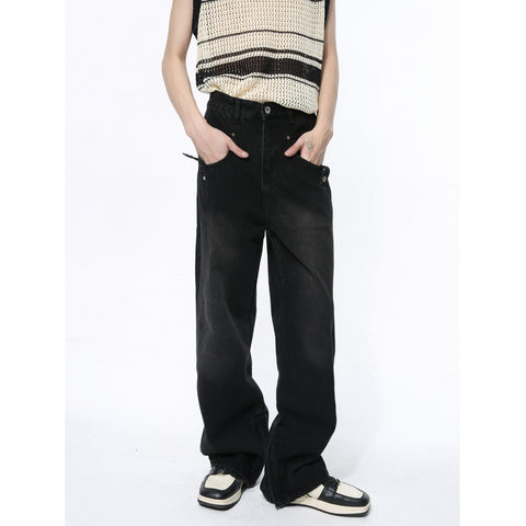 Straight Wide Leg Black Denim Fashionable Trousers