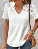 Women's Lace Ruffled Short Sleeves V-neck Patchwork Hollow Top Shirt