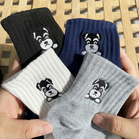 Middle Tube Pure Cotton Breathable Sweat Absorbing Schnauzer Embroidered Cute Cartoon Socks