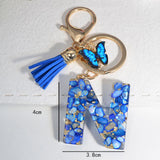 New Resin Blue Stone Letter Butterfly Tassel Letter Key Chain