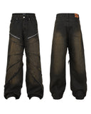 Zipper Pleated Deconstructed Stitching Edging Jeans Straight-leg Trousers