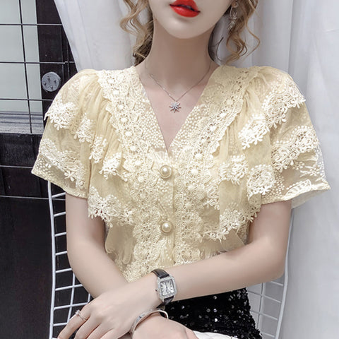 French Style Elegant V-neck Single-breasted Lace Shirt Western Style