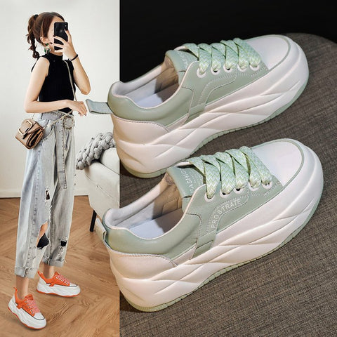 Women's Fashion Leather Thick Bottom Round Head Lace Up Hundred Casual Sports Shoes