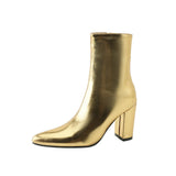 Pointed Toe Thick Heel Super High Heel Side Zipper Gold And Silver Color Middle Boots