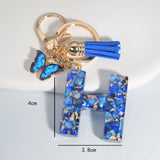 New Resin Blue Stone Letter Butterfly Tassel Letter Key Chain