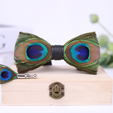 Men's Bow Tie Peacock Big Eyes Blue Feather