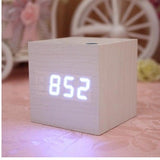 Minimalist Cube shaped sound-sensitive wooden digital clock with temperature display