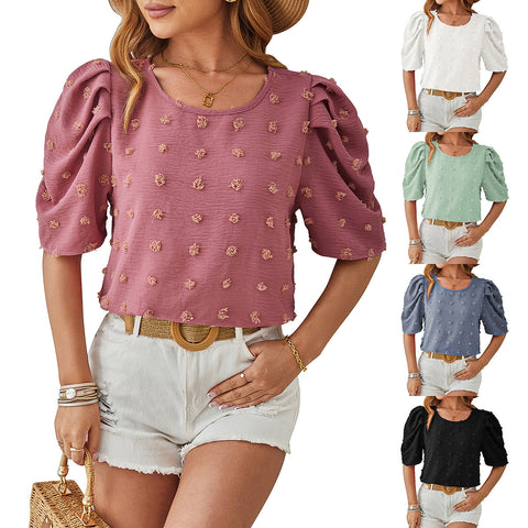 Spring And Summer New Jacquard Fur Ball Short Sleeve Square Collar Top