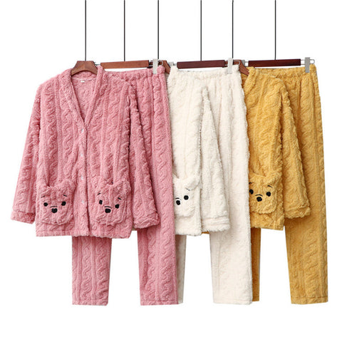 Men And Women Couple Thick Pajamas Cardigan Plus Velvet Warm Coral