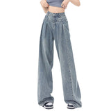 Fashionable Pleated Design Loose All-matching Straight Wide Leg Jeans For Women