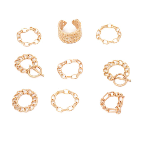 Hip Hop Personality OT Chain Gold Ring Buckle 9-piece Ring Set