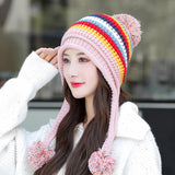 Two Layers Earflap Hat Fleece Lined Colorful Big Ball Skullies Beanies