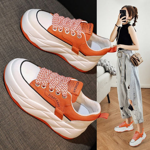 Women's Fashion Leather Thick Bottom Round Head Lace Up Hundred Casual Sports Shoes